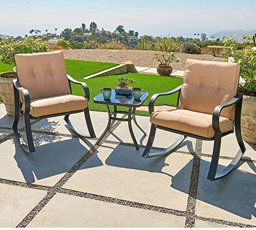 SUNCROWN Outdoor 3-Piece Rocking Chairs Patio Bistro Set Black Steel Furniture with Thickened Cushion and Glass-Top Coffee Table, Brown