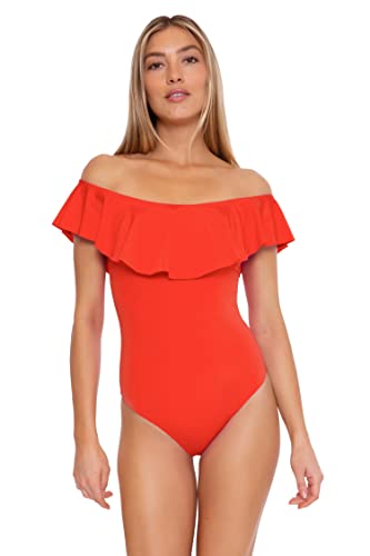 Trina Turk Women's Standard Monaco Ruffled One Piece Bandeau Swimsuit-Off Shoulder, Bathing Suits, Flame, 8