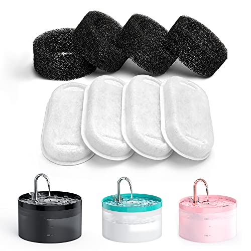 GIOTOHUN Cat Fountain Filters, 4 Pieces Filters + 4 Pieces Foam Filters for Cat Fountains, Filtering Hair (Sponge), Triple Filtering (Filter), Suitable for H1