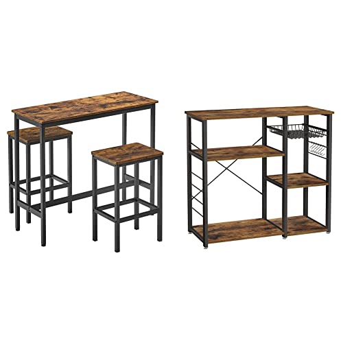 VASAGLE Dining Table Set, Bar Table and Chairs Set, Rustic Brown and Black & ALINRU Kitchen Baker’s Rack, Coffee Bar, Microwave Oven Stand, with Steel Frame, Wire Basket, 6 Hooks, 35.4", Rustic Brown