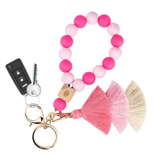 bisanzoya luminous silicone key ring bracelet with tassel, unique wristlet keychain fluorescent beaded bangle key chains glow in the dark accessories for women cute luminous pink