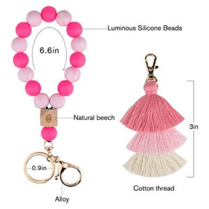 Bisanzoya Luminous Silicone Key Ring Bracelet with Tassel, Unique Wristlet Keychain Fluorescent Beaded Bangle Key Chains Glow in The Dark Accessories for Women Cute Luminous Pink