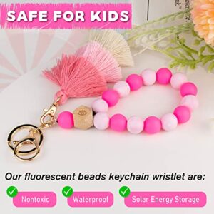 Bisanzoya Luminous Silicone Key Ring Bracelet with Tassel, Unique Wristlet Keychain Fluorescent Beaded Bangle Key Chains Glow in The Dark Accessories for Women Cute Luminous Pink