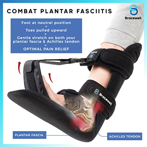 Bracewell Plantar Fasciitis Soft Night Splint Boot - Achilles Tendonitis Padded Stretching Support for Men or Women - Leg Brace for Drop Foot, Foot, or Heel pain Fit Left or Right Foot (Medium)