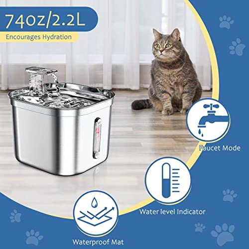 MISFANS Pet Water Fountain Stainless Steel,74oz/2.2L Automatic Water Dispenser with Water Level, Replacement Filter Kit and Silicone Mat Suitable for Cat, Dogs