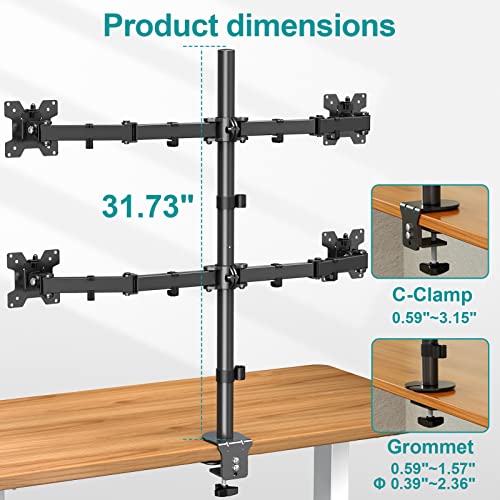 MOUNT PRO Quad Monitor Stand, 4 Monitor Mount for 13 to 27 inch Computer Screens, Hold up to 17.6lbs Each, Fully Adjustable Stacked 4 Monitor Desk Mount, VESA Mount, C clamp/Grommet Base