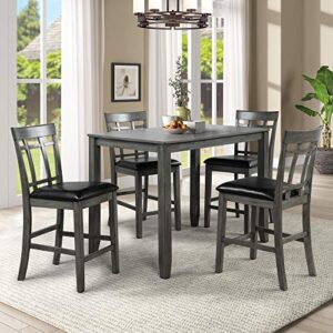 merax 5-piece wooden dining set, counter height dining table set with 4 chairs and footrest, dining table and chair set for dining room, pub and bistro, antique graywash
