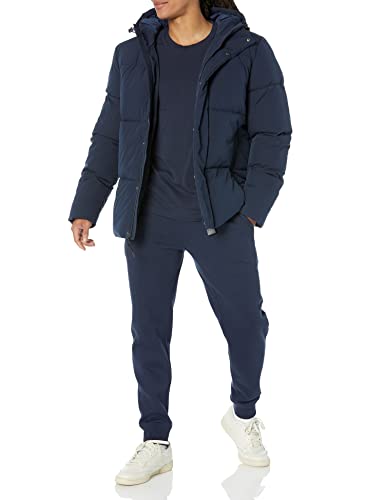 Amazon Essentials Men's Recycled Polyester Mid-Length Hooded Puffer (Available in Big & Tall), Navy, Large