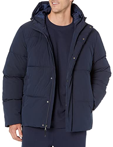 Amazon Essentials Men's Recycled Polyester Mid-Length Hooded Puffer (Available in Big & Tall), Navy, Large