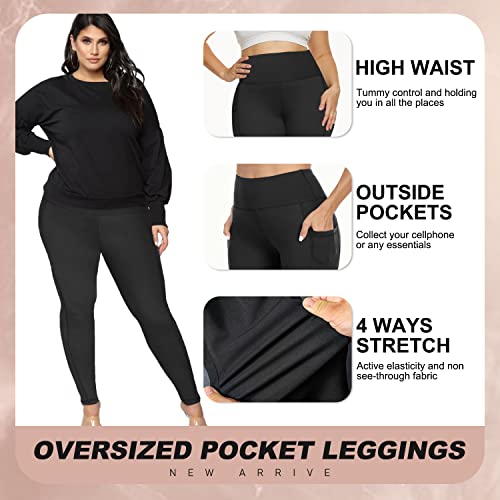 YOLIX 2 Pack Plus Size Leggings with Pockets for Women, 2X 3X 4X High Waisted Black Workout Leggings