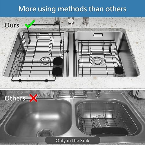 iSPECLE Sink Dish Drying Rack - 3 Sizes Adjustable Dish Rack(13.5'',15.3'',17'') - Over Sink Drying Rack, in Sink or on Counter Dish Drainer with Removable Cutlery Holder Large Capacity, Black