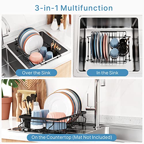iSPECLE Sink Dish Drying Rack - 3 Sizes Adjustable Dish Rack(13.5'',15.3'',17'') - Over Sink Drying Rack, in Sink or on Counter Dish Drainer with Removable Cutlery Holder Large Capacity, Black
