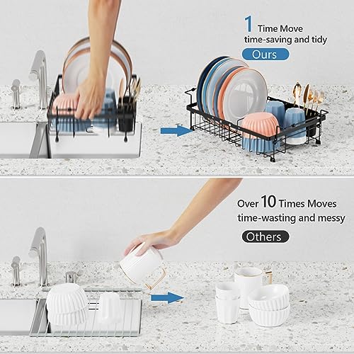 iSPECLE Sink Dish Drying Rack - 3 Sizes Adjustable Dish Rack(13.5'',15.3'',17'') - Over Sink Drying Rack, in Sink or on Counter Dish Drainer with Removable Cutlery Holder Large Capacity, Black