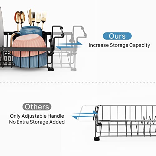 iSPECLE Sink Dish Drying Rack - 3 Sizes Adjustable Dish Rack(13.5'',15.3'',17'') - Over Sink Drying Rack, in Sink or on Counter Dish Drainer with Removable Cutlery Holder Large Capacity, Black