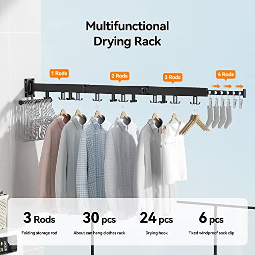 BAICIWE Wall Mounted Clothes Drying Rack, Retractable Laundry Drying Rack, Clothes Drying Rack Folding Indoor, Space Saver, Drying Rack Clothing for Balcony, Laundry, Bathroom, Patio(Tri-Fold)