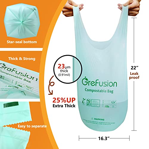 GreFusion Compostable Trash Bags with handle-tie,Garbage Bags, 2.6 Gallon,Thick 0.91 mils，Food Waste Bags,Small trash bags for compost bin kitchen,Certified by BPI and OK Compost (2.6G-50count)