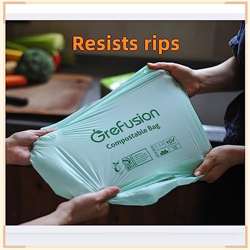 GreFusion Compostable Trash Bags with handle-tie,Garbage Bags, 2.6 Gallon,Thick 0.91 mils，Food Waste Bags,Small trash bags for compost bin kitchen,Certified by BPI and OK Compost (2.6G-50count)