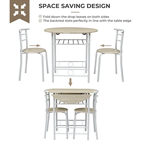 VINGLI 31.5" Drop Leaf Dining Table for Small Space,Small Kitchen Table Set for 2,Round Folding Table with 2 Chairs for Home,Kitchen,Apartment,White&Oak