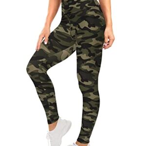 Sundwudu Leggings for Women Tummy Control - High Waist Non See Through Printed Workout Yoga Pants Green Camo