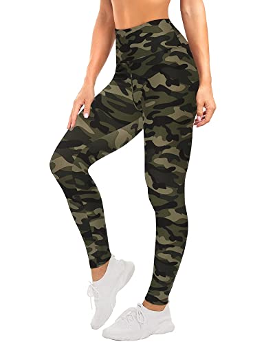 Sundwudu Leggings for Women Tummy Control - High Waist Non See Through Printed Workout Yoga Pants Green Camo