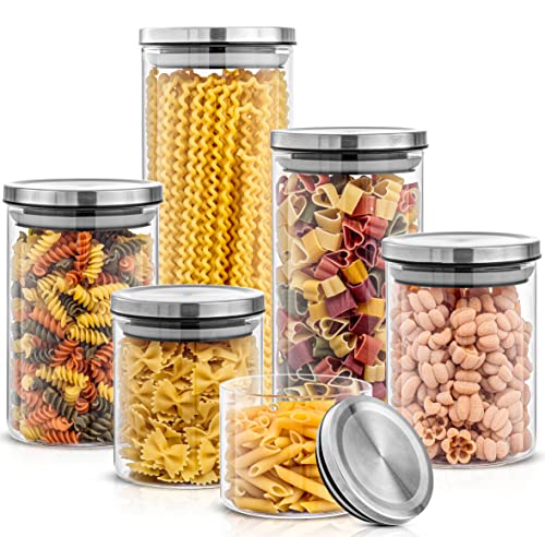 JoyJolt Kitchen Canister Set. 6 Glass Jars with Lids (Stainless Steel) Lids. Airtight Food Storage Containers for Pantry or Counter. Versatile Pantry Organization, Sugar Container or Cereal Canisters