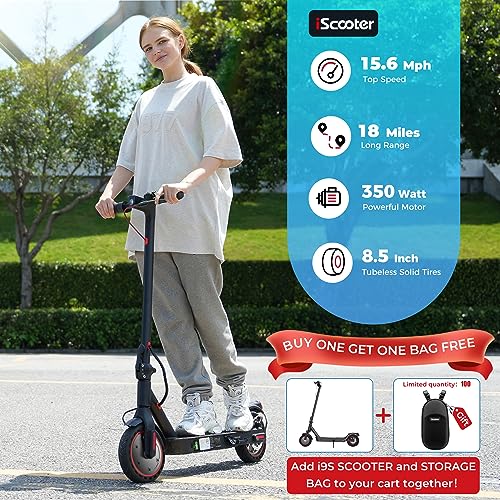 iScooter i9 Electric Scooter Adults and Teenages, 15.6 MPH, 18 Miles Range, 8.5'' Solid Tires, 350W Foldable and Cruise Control Escooter with Double Braking System and APP