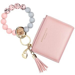 keychain bracelet wristlet with wallet card holder pocket,tassel keychain bangle key ring for women