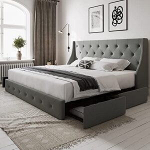allewie queen bed frame with 4 storage drawers and wingback headboard, button tufted design, no box spring needed, light grey