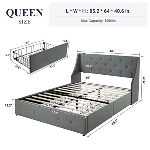 Allewie Queen Bed Frame with 4 Storage Drawers and Wingback Headboard, Button Tufted Design, No Box Spring Needed, Light Grey