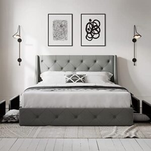 Allewie Queen Bed Frame with 4 Storage Drawers and Wingback Headboard, Button Tufted Design, No Box Spring Needed, Light Grey