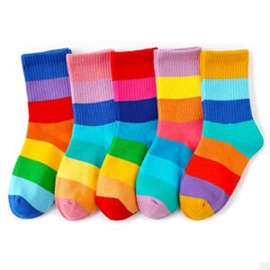 hakugoo kids crew socks seamless boys girls rainbow stripes socks cotton athletic socks 6-8 years unisex cute fun socks boot socks 5 pairs (set c,m)