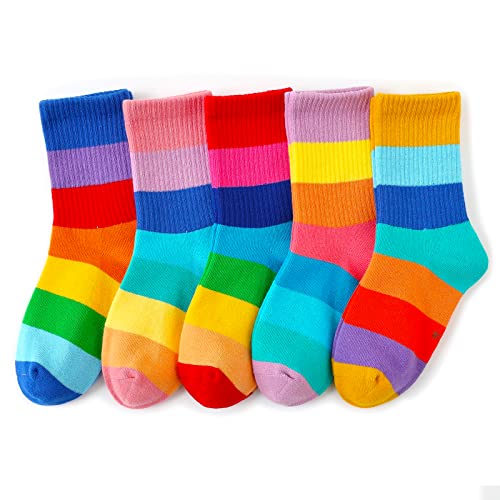 hakugoo Kids Crew Socks Seamless Boys Girls Rainbow Stripes Socks Cotton Athletic Socks 6-8 Years Unisex Cute Fun Socks Boot Socks 5 Pairs (Set C,M)