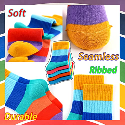 hakugoo Kids Crew Socks Seamless Boys Girls Rainbow Stripes Socks Cotton Athletic Socks 6-8 Years Unisex Cute Fun Socks Boot Socks 5 Pairs (Set C,M)