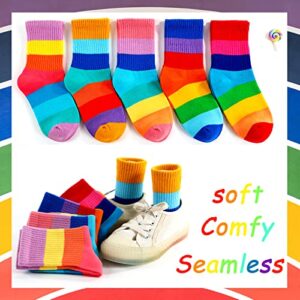 hakugoo Kids Crew Socks Seamless Boys Girls Rainbow Stripes Socks Cotton Athletic Socks 6-8 Years Unisex Cute Fun Socks Boot Socks 5 Pairs (Set C,M)