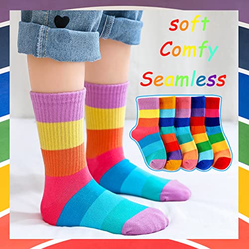 hakugoo Kids Crew Socks Seamless Boys Girls Rainbow Stripes Socks Cotton Athletic Socks 6-8 Years Unisex Cute Fun Socks Boot Socks 5 Pairs (Set C,M)
