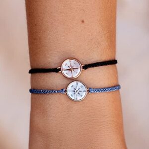 Pura Vida Bracelet Rose Gold Mother of Pearl Compass Bracelet - Adjustable with Waterproof Band, Mother of Pearl Inlay - Stackable Bracelets for Teen Girls, Handmade Bracelets for Teens - Black