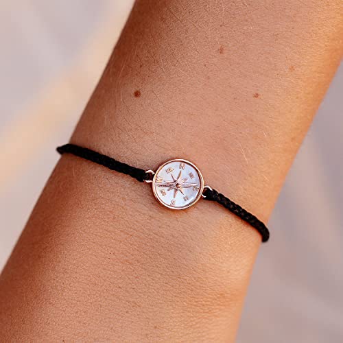 Pura Vida Bracelet Rose Gold Mother of Pearl Compass Bracelet - Adjustable with Waterproof Band, Mother of Pearl Inlay - Stackable Bracelets for Teen Girls, Handmade Bracelets for Teens - Black