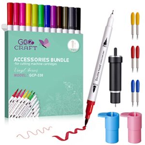 go2craft accessories bundle for cricut makers and all explore air, 21pcs perfect draw then cut tools, deep cut housing, replacement cutting blades, 12 colors dual tip pens, pens adapters