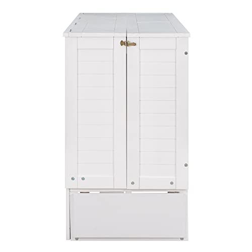 Polibi Queen Size Murphy Bed, Convertible Chest Bed with Drawer and Little Shelves on Each Side, Solid Wood Cabinet Bed for Small Space Bedroom Apartment, White