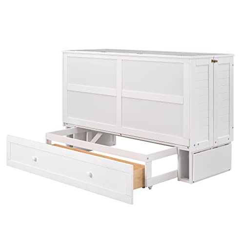 Polibi Queen Size Murphy Bed, Convertible Chest Bed with Drawer and Little Shelves on Each Side, Solid Wood Cabinet Bed for Small Space Bedroom Apartment, White