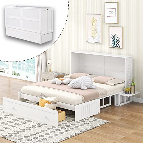 Polibi Queen Size Murphy Bed, Convertible Chest Bed with Drawer and Little Shelves on Each Side, Solid Wood Cabinet Bed for Small Space Bedroom Apartment, White