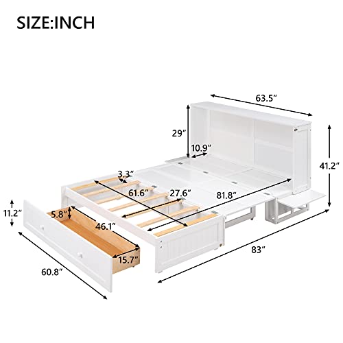 Polibi Queen Size Murphy Bed, Convertible Chest Bed with Drawer and Little Shelves on Each Side, Solid Wood Cabinet Bed for Small Space Bedroom Apartment, White