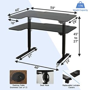 BUNOEM L-Shaped 59" Height Adjustable Electric Standing Desk, Sit and Stand Up Computer Desk For Home Office with Splice Board (Black Top, Black Frame)