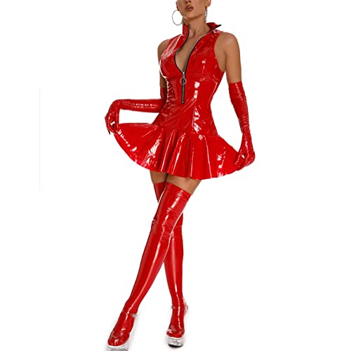 FEESHOW Women Sexy Leather Bodycon Mini Dress Gothic Bandage Party Dress Vintage Latex Dress 6# Red Large