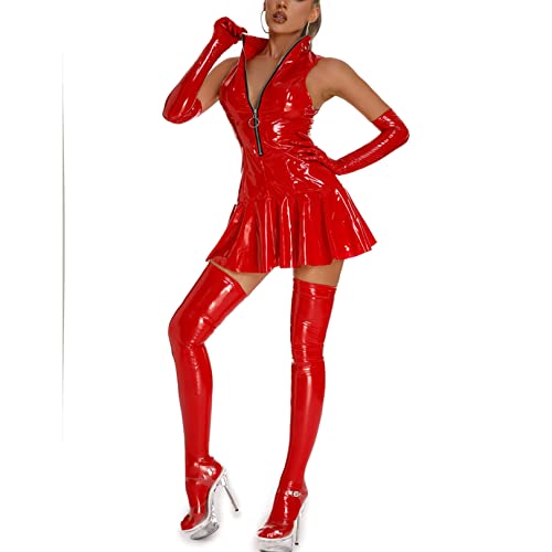 FEESHOW Women Sexy Leather Bodycon Mini Dress Gothic Bandage Party Dress Vintage Latex Dress 6# Red Large