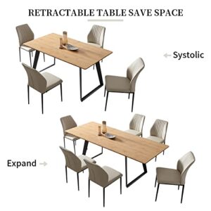 ZckyCine Modern mid-Century Dining Table Dining Table and Chairs for 6 Rectangular Wooden Dining Table Extendable Dining Table Space-Saving Multifunctional Dining Table (Table+6 Beige Chairs)