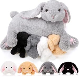 hydren nursing bunnies stuffed animal set: soft, cuddly plush mommy & 4 baby rabbits toy for kids (gray)