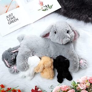 HyDren Nursing Bunnies Stuffed Animal Set: Soft, Cuddly Plush Mommy & 4 Baby Rabbits Toy for Kids (Gray)