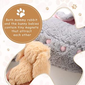 HyDren Nursing Bunnies Stuffed Animal Set: Soft, Cuddly Plush Mommy & 4 Baby Rabbits Toy for Kids (Gray)