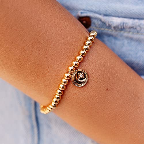 Pura Vida Bracelet Gold Moon Metal Charm Bracelet - Beaded Bracelet with Stretchable Cord, String Bracelet for Women - Stackable Bracelets for Teen Girls, Handmade Bracelets for Teens - One Size